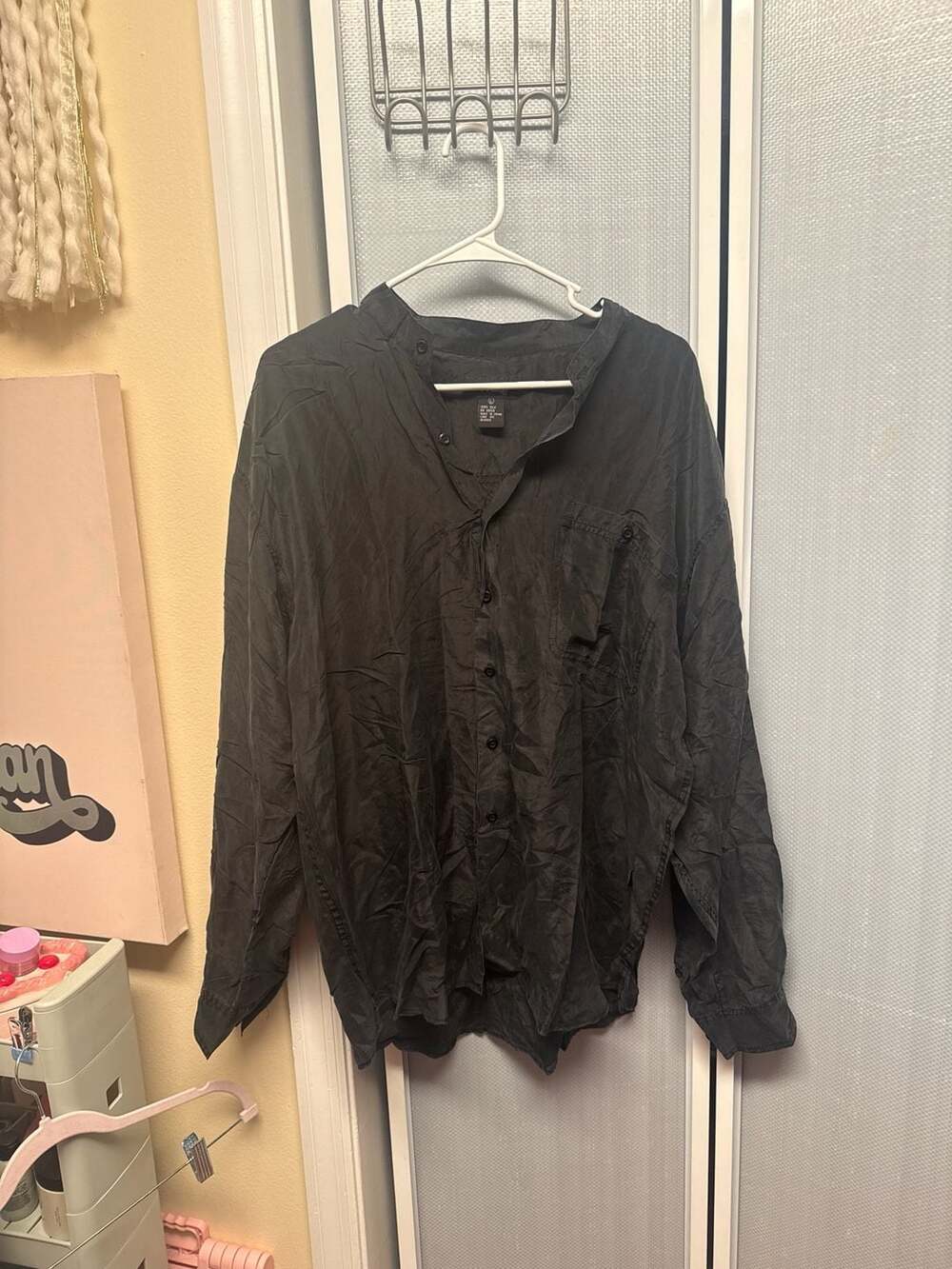 Volare Black 100% Silk Band Collar Long Sleeve Button Down Shirt Size L